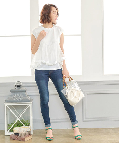 KOBE LETTUCE（コウベレタス）の「チュールレイヤードフレンチスリーブカットソー＊レディース/トップス/Tシャツ[C3381]神戸レタス（Tシャツ/カットソー・レディース・オフホワイト/ブラック・FREE）」の10枚目の写真