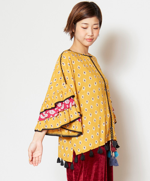 チャイハネ（チャイハネ）の「【チャイハネ】木版風プリントフレアスリーブブラウス（シャツ/ブラウス・レディース・ネイビー/ブラウン/マスタード・FREE）」の3枚目の写真