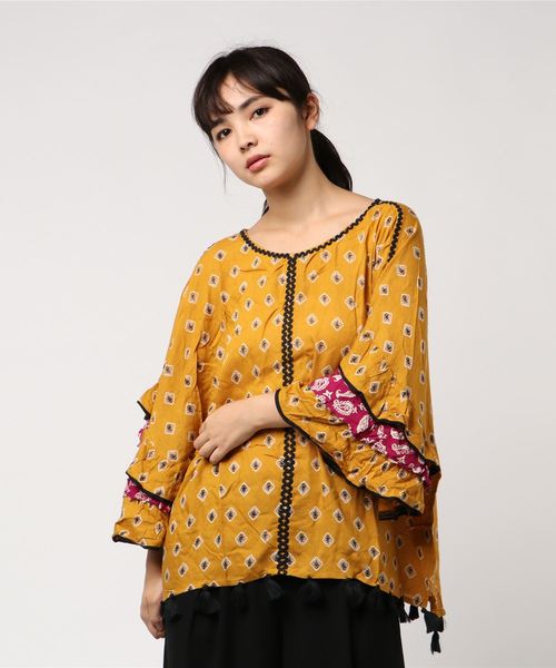 チャイハネ（チャイハネ）の「【チャイハネ】木版風プリントフレアスリーブブラウス（シャツ/ブラウス・レディース・ネイビー/ブラウン/マスタード・FREE）」の10枚目の写真