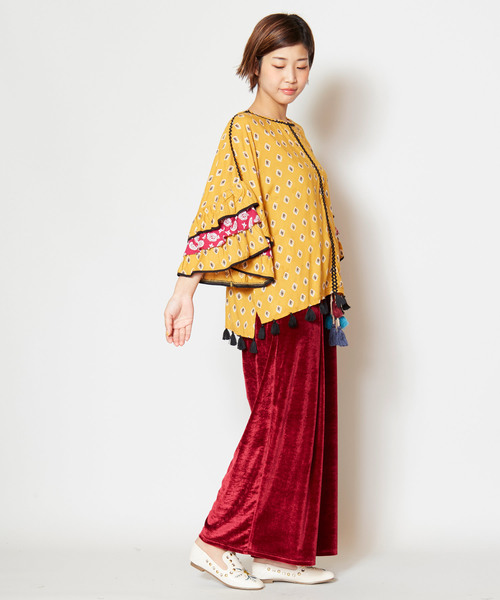 チャイハネ（チャイハネ）の「【チャイハネ】木版風プリントフレアスリーブブラウス（シャツ/ブラウス・レディース・ネイビー/ブラウン/マスタード・FREE）」の11枚目の写真