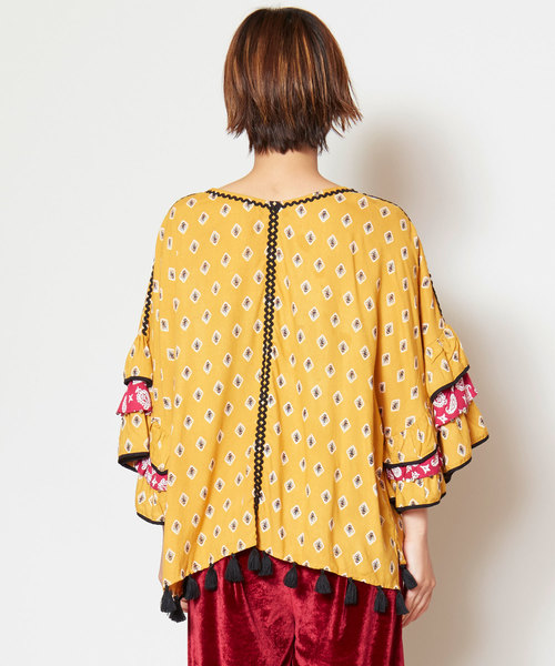 チャイハネ（チャイハネ）の「【チャイハネ】木版風プリントフレアスリーブブラウス（シャツ/ブラウス・レディース・ネイビー/ブラウン/マスタード・FREE）」の12枚目の写真
