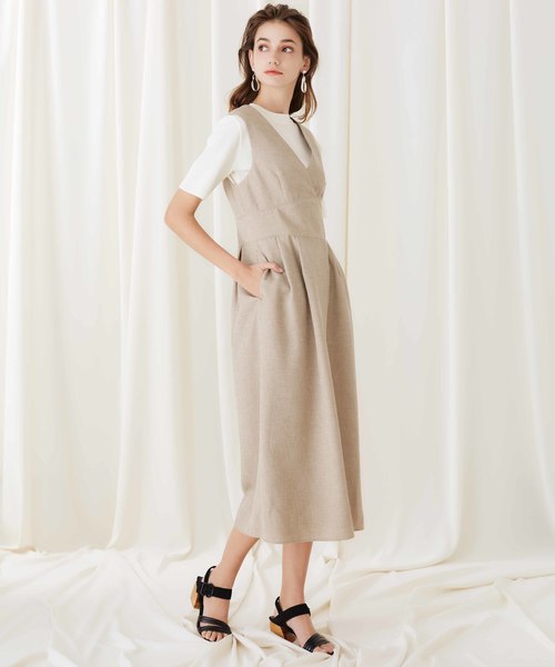 STUDIOUS（ステュディオス）の「【STUDIOUS】リネンライク カシュクールワンピース（ジャンパースカート・レディース・ブラック/ベージュ/エメラルド・1/0）」の12枚目の写真