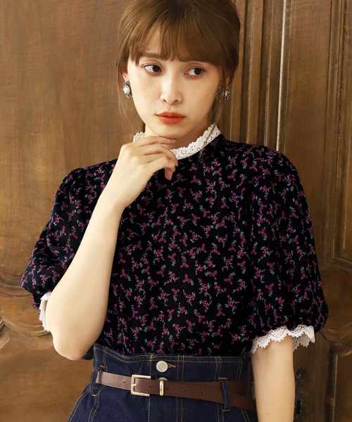 one after another NICE CLAUP(ワンアフターアナザーナイスクラップ)の「レース付きプチハイFlowerブラウス(シャツ/ブラウス・レディース・アイボリー/ホワイト系その他/ブラック/ブラック系その他・FREE)」の3枚目の写真