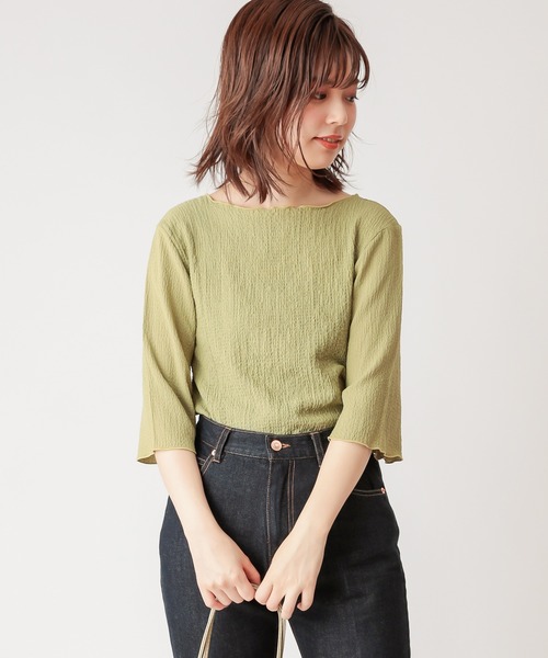 natural couture(ナチュラルクチュール)の「【WEB限定カラー有り】ぽこぽこ素材6分袖トップス(Tシャツ/カットソー・レディース・ブラック/ブラウン/オフホワイト/グリーン/ラベンダー/ピンクベージュ・FREE)」の8枚目の写真