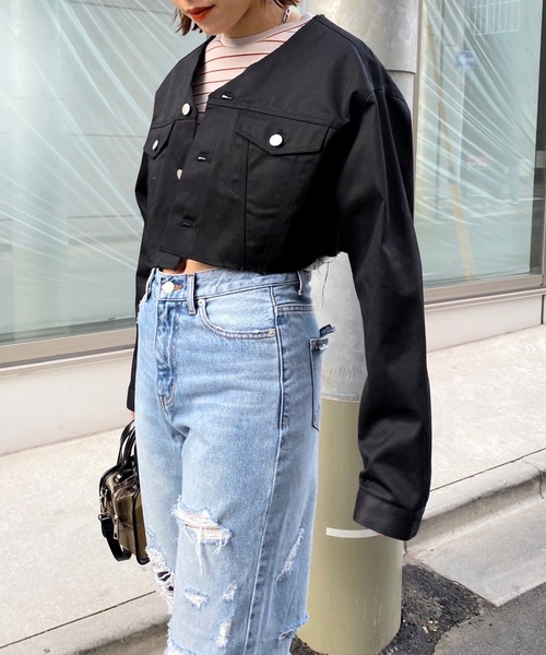 WHO'S WHO gallery(フーズフーギャラリー)の「T/Cツイルマイクロジャケット(ノーカラージャケット・レディース・オフホワイト/ブラック・FREE)」の2枚目の写真