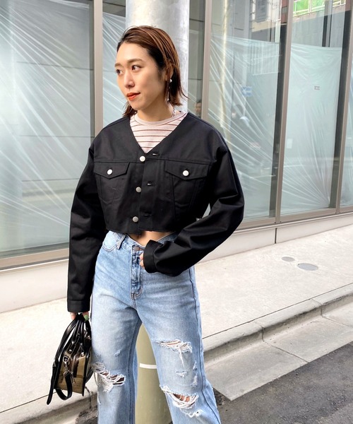 WHO'S WHO gallery(フーズフーギャラリー)の「T/Cツイルマイクロジャケット(ノーカラージャケット・レディース・オフホワイト/ブラック・FREE)」の3枚目の写真