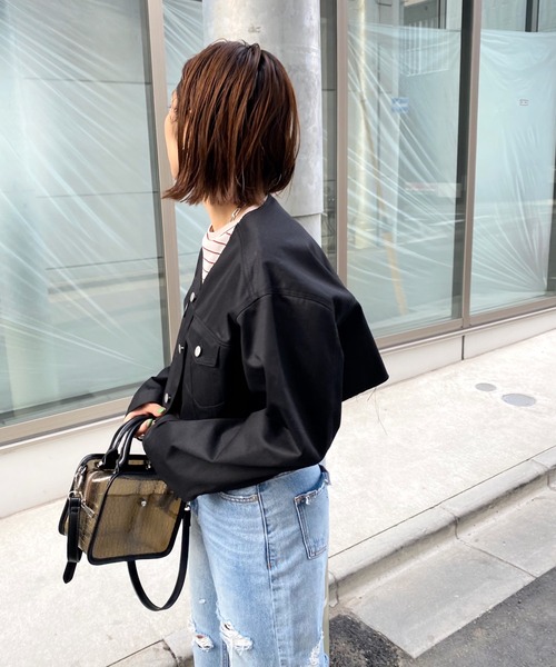 WHO'S WHO gallery(フーズフーギャラリー)の「T/Cツイルマイクロジャケット(ノーカラージャケット・レディース・オフホワイト/ブラック・FREE)」の16枚目の写真