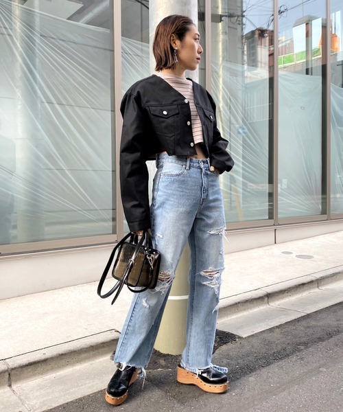 WHO'S WHO gallery(フーズフーギャラリー)の「T/Cツイルマイクロジャケット(ノーカラージャケット・レディース・オフホワイト/ブラック・FREE)」の13枚目の写真