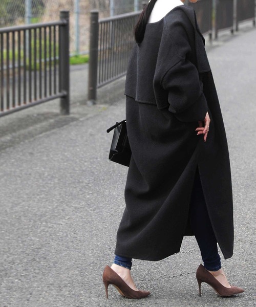 antiqua（アンティカ）の「気映え確実！極上素材手縫いノーカラーコート（チェスターコート・レディース・ブラック/ベージュ/カーキ/モスグリーン/モカ・FREE）」の6枚目の写真