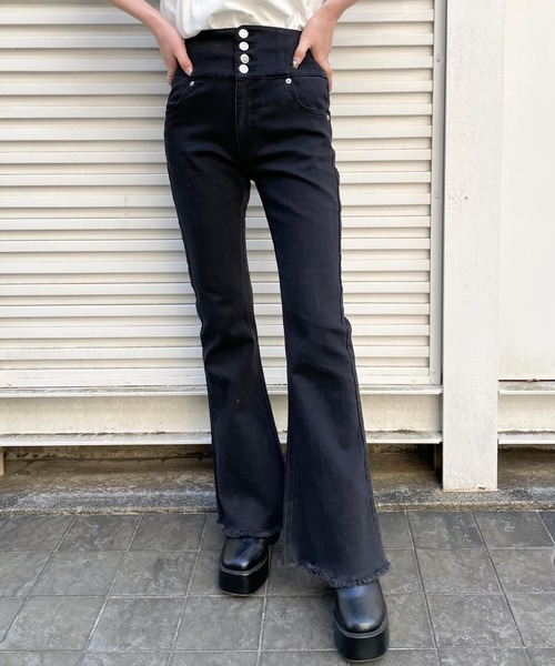 ストレッチハイウエストフレアパンツ 黒 ストレッチハイウエストフレアパンツ | マルイウェブチャネル