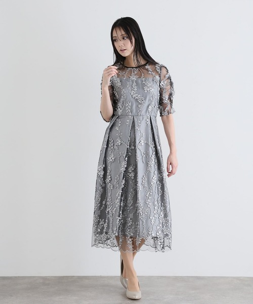 PourVous（プールヴー）の「七分袖&ミモレ丈 パーティー ドレス フラワー レース 大きいサイズ 結婚式 フォーマル 同窓会 オケージョンドレス ワンピース お呼ばれ 二次会 成人式 謝恩会 20代 30代（ドレス・レディース・シルバー/ブラック/ネイビー/モカ・S/M/L）」の5枚目の写真
