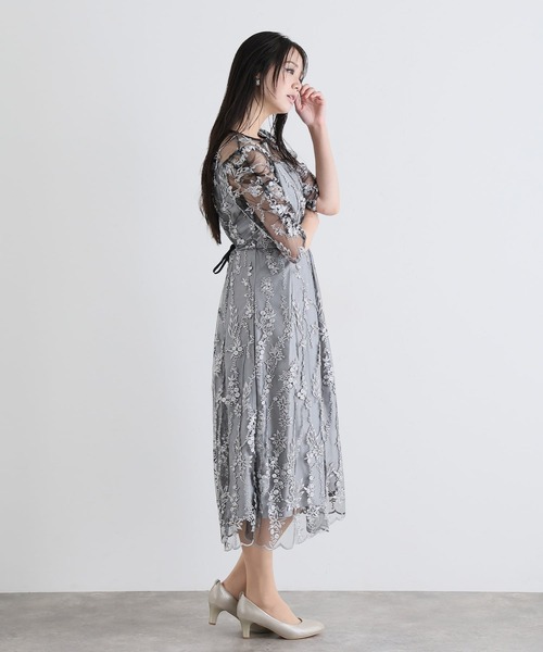 PourVous（プールヴー）の「七分袖&ミモレ丈 パーティー ドレス フラワー レース 大きいサイズ 結婚式 フォーマル 同窓会 オケージョンドレス ワンピース お呼ばれ 二次会 成人式 謝恩会 20代 30代（ドレス・レディース・シルバー/ブラック/ネイビー/モカ・S/M/L）」の6枚目の写真