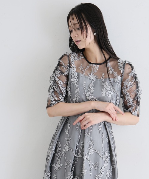 PourVous（プールヴー）の「七分袖&ミモレ丈 パーティー ドレス フラワー レース 大きいサイズ 結婚式 フォーマル 同窓会 オケージョンドレス ワンピース お呼ばれ 二次会 成人式 謝恩会 20代 30代（ドレス・レディース・シルバー/ブラック/ネイビー/モカ・S/M/L）」の8枚目の写真