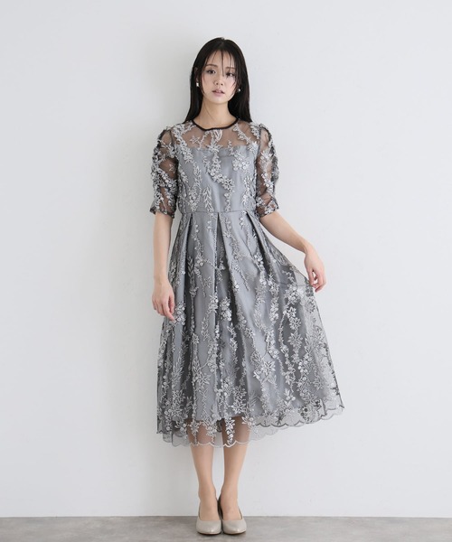 PourVous（プールヴー）の「七分袖&ミモレ丈 パーティー ドレス フラワー レース 大きいサイズ 結婚式 フォーマル 同窓会 オケージョンドレス ワンピース お呼ばれ 二次会 成人式 謝恩会 20代 30代（ドレス・レディース・シルバー/ブラック/ネイビー/モカ・S/M/L）」の10枚目の写真