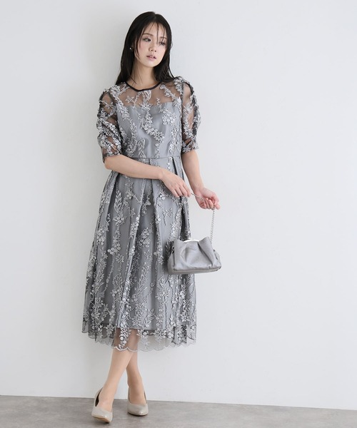 PourVous（プールヴー）の「七分袖&ミモレ丈 パーティー ドレス フラワー レース 大きいサイズ 結婚式 フォーマル 同窓会 オケージョンドレス ワンピース お呼ばれ 二次会 成人式 謝恩会 20代 30代（ドレス・レディース・シルバー/ブラック/ネイビー/モカ・S/M/L）」の12枚目の写真