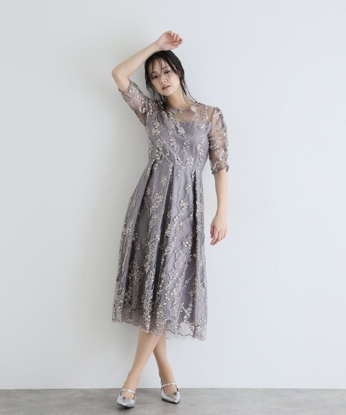 PourVous（プールヴー）の「七分袖&ミモレ丈 パーティー ドレス フラワー レース 大きいサイズ 結婚式 フォーマル 同窓会 オケージョンドレス ワンピース お呼ばれ 二次会 成人式 謝恩会 20代 30代（ドレス・レディース・シルバー/ブラック/ネイビー/モカ・S/M/L）」の13枚目の写真