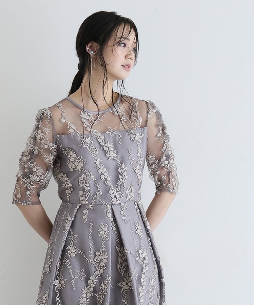 PourVous（プールヴー）の「七分袖&ミモレ丈 パーティー ドレス フラワー レース 大きいサイズ 結婚式 フォーマル 同窓会 オケージョンドレス ワンピース お呼ばれ 二次会 成人式 謝恩会 20代 30代（ドレス・レディース・シルバー/ブラック/ネイビー/モカ・S/M/L）」の14枚目の写真