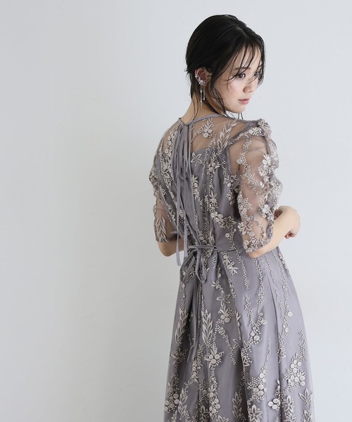 PourVous（プールヴー）の「七分袖&ミモレ丈 パーティー ドレス フラワー レース 大きいサイズ 結婚式 フォーマル 同窓会 オケージョンドレス ワンピース お呼ばれ 二次会 成人式 謝恩会 20代 30代（ドレス・レディース・シルバー/ブラック/ネイビー/モカ・S/M/L）」の15枚目の写真