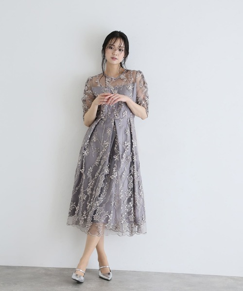 PourVous（プールヴー）の「七分袖&ミモレ丈 パーティー ドレス フラワー レース 大きいサイズ 結婚式 フォーマル 同窓会 オケージョンドレス ワンピース お呼ばれ 二次会 成人式 謝恩会 20代 30代（ドレス・レディース・シルバー/ブラック/ネイビー/モカ・S/M/L）」の16枚目の写真