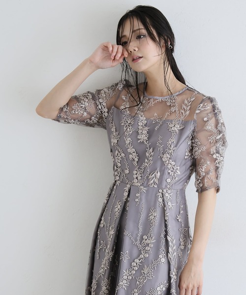 PourVous（プールヴー）の「七分袖&ミモレ丈 パーティー ドレス フラワー レース 大きいサイズ 結婚式 フォーマル 同窓会 オケージョンドレス ワンピース お呼ばれ 二次会 成人式 謝恩会 20代 30代（ドレス・レディース・シルバー/ブラック/ネイビー/モカ・S/M/L）」の17枚目の写真