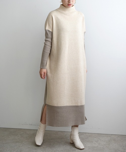 LHELBIE（レルビエ）の「バイカラーニットワンピース（ワンピース・レディース・ベージュ/グリーン/ダークグレー・M）」の3枚目の写真