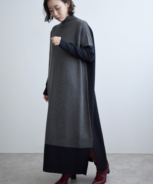 LHELBIE（レルビエ）の「バイカラーニットワンピース（ワンピース・レディース・ベージュ/グリーン/ダークグレー・M）」の8枚目の写真