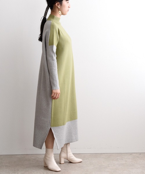 LHELBIE（レルビエ）の「バイカラーニットワンピース（ワンピース・レディース・ベージュ/グリーン/ダークグレー・M）」の12枚目の写真