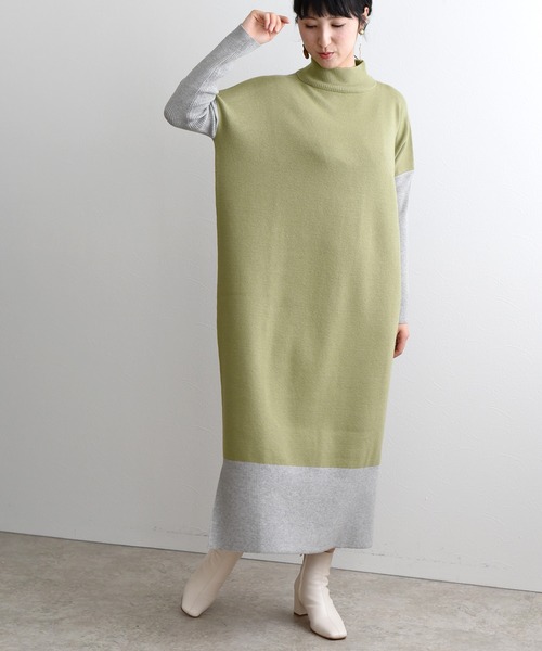 LHELBIE（レルビエ）の「バイカラーニットワンピース（ワンピース・レディース・ベージュ/グリーン/ダークグレー・M）」の18枚目の写真