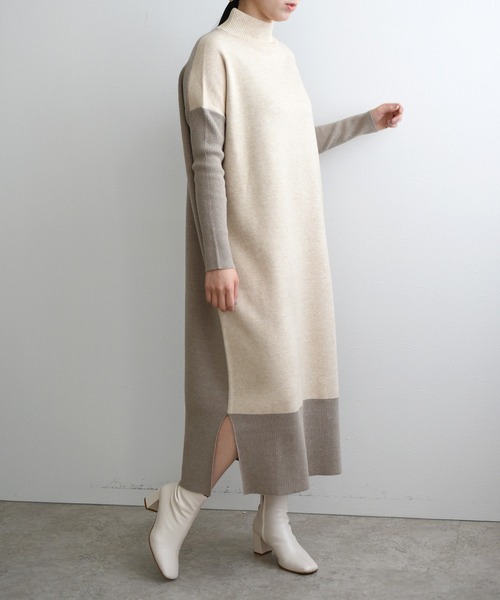 LHELBIE（レルビエ）の「バイカラーニットワンピース（ワンピース・レディース・ベージュ/グリーン/ダークグレー・M）」の13枚目の写真
