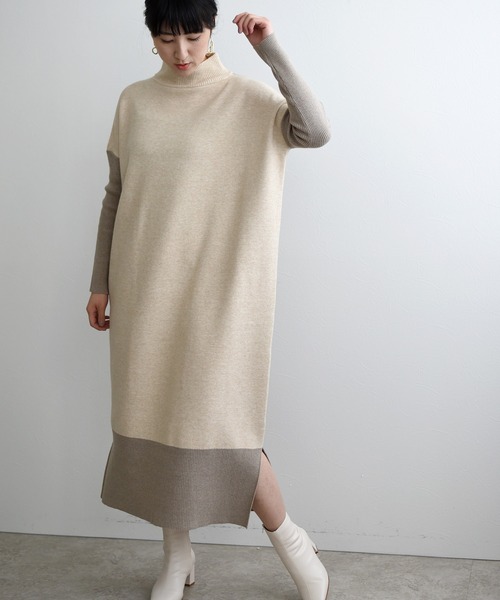 LHELBIE（レルビエ）の「バイカラーニットワンピース（ワンピース・レディース・ベージュ/グリーン/ダークグレー・M）」の7枚目の写真