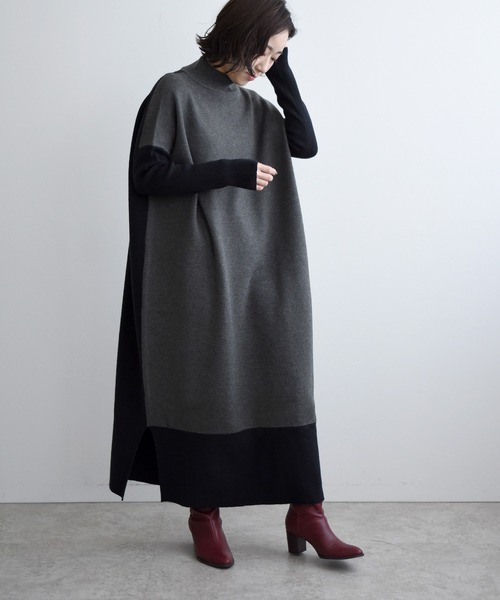 LHELBIE（レルビエ）の「バイカラーニットワンピース（ワンピース・レディース・ベージュ/グリーン/ダークグレー・M）」の5枚目の写真