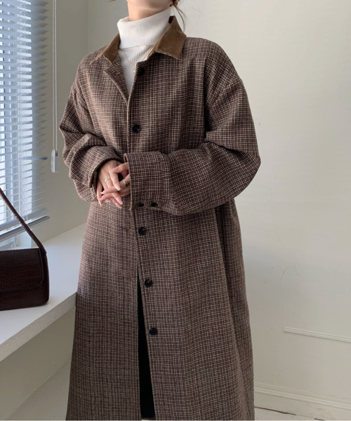セール】襟コーデュロイ ロングチェックコート（モッズコート