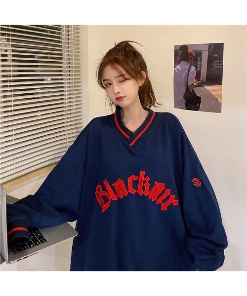 DEVICE（デバイス）の「ホッケーユニフォーム ルーズシルエット Vネック オーバーサイズ 裏毛 スウェット トレーナー（スウェット・レディース・ブラック/ネイビー・FREE）」の12枚目の写真