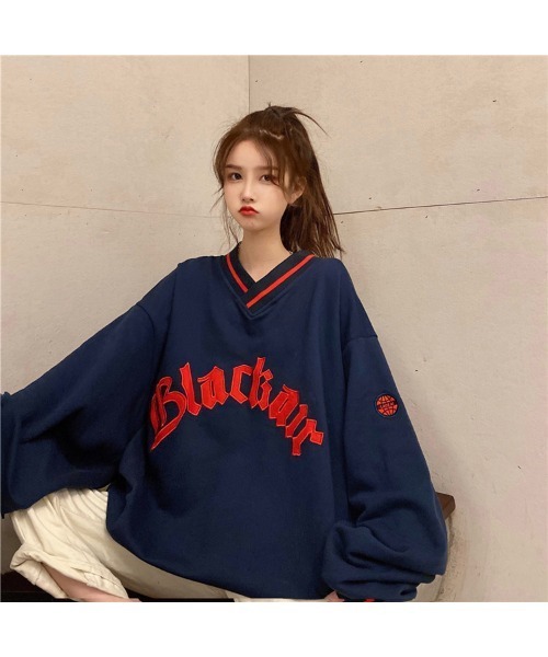 DEVICE（デバイス）の「ホッケーユニフォーム ルーズシルエット Vネック オーバーサイズ 裏毛 スウェット トレーナー（スウェット・レディース・ブラック/ネイビー・FREE）」の11枚目の写真