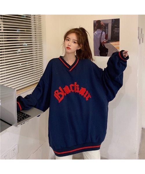 DEVICE（デバイス）の「ホッケーユニフォーム ルーズシルエット Vネック オーバーサイズ 裏毛 スウェット トレーナー（スウェット・レディース・ブラック/ネイビー・FREE）」の5枚目の写真