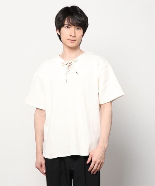 KURO(クロ)の「【KURO】HONEYCOMB LACE UP TEE(Tシャツ/カットソー・メンズ・ベージュ/オフホワイト・LARGE/MEDIUM)」の2枚目の写真