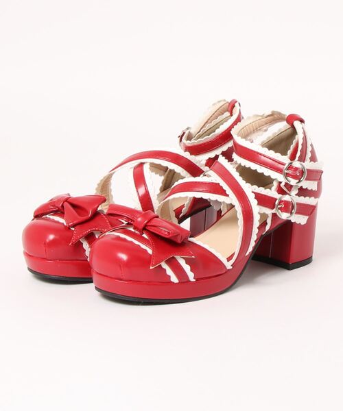 BODYLINE（ボディライン）の「ガーリーやゴスロリファッションにも使える スカラップレース風アンクル&クロスストラップのレディースロリータシューズ（パンプス・レディース・ブラック×ホワイト/レッド/サックスブルー/ブラック/ホワイト・S/M/L）」の19枚目の写真