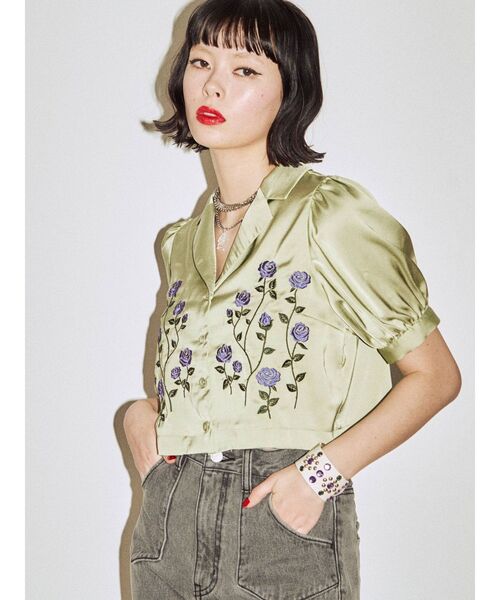 jouetie（ジュエティ）の「エンブロイダリーサテンブラウス（シャツ/ブラウス・レディース・ブラック/オフホワイト/グリーン・MEDIUM）」の11枚目の写真