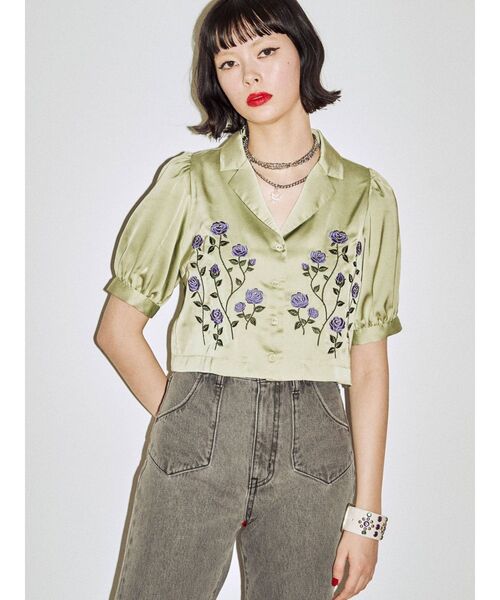 jouetie（ジュエティ）の「エンブロイダリーサテンブラウス（シャツ/ブラウス・レディース・ブラック/オフホワイト/グリーン・MEDIUM）」の12枚目の写真