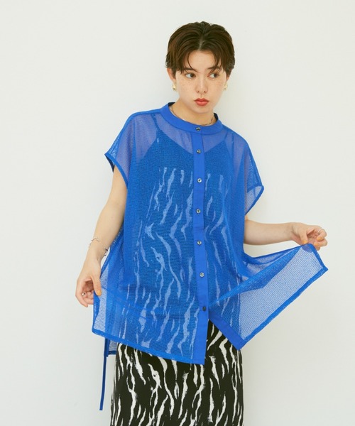 Happy John（ハッピージョン）の「sleeveless mesh tops/ノースリメッシュトップス（シャツ/ブラウス・レディース・ホワイト/ブルー・FREE）」の6枚目の写真