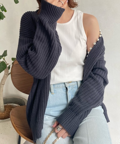 DouDou（ドゥドゥ）の「【一部WEB限定カラー】AWパールニットカーディガン（カーディガン/ボレロ・レディース・ベージュ/チャコールグレー/ブラック/グレイッシュベージュ/ライトベージュ・FREE）」の3枚目の写真