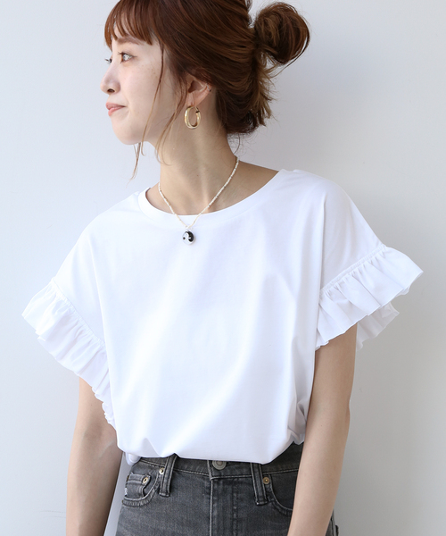 B.C STOCK（ベーセーストック）の「フリルスリーブTシャツ◆（Tシャツ/カットソー・レディース・ホワイト/ブラック/ベージュ/イエロー・FREE）」の2枚目の写真