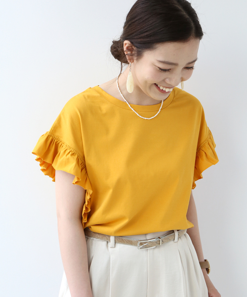 B.C STOCK（ベーセーストック）の「フリルスリーブTシャツ◆（Tシャツ/カットソー・レディース・ホワイト/ブラック/ベージュ/イエロー・FREE）」の4枚目の写真