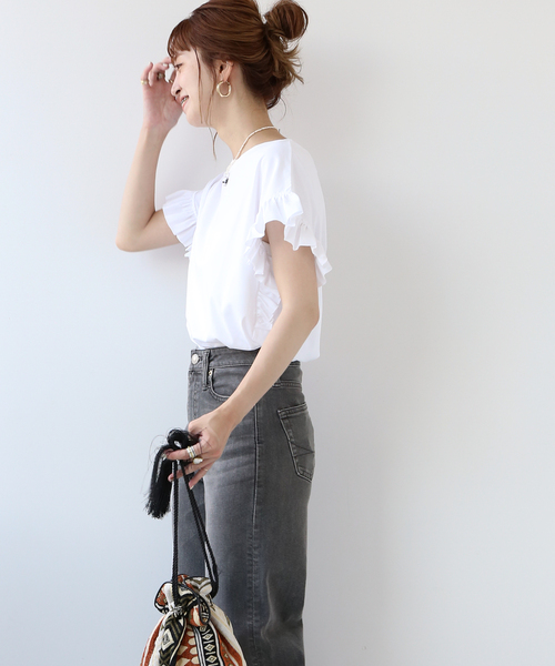 B.C STOCK（ベーセーストック）の「フリルスリーブTシャツ◆（Tシャツ/カットソー・レディース・ホワイト/ブラック/ベージュ/イエロー・FREE）」の6枚目の写真