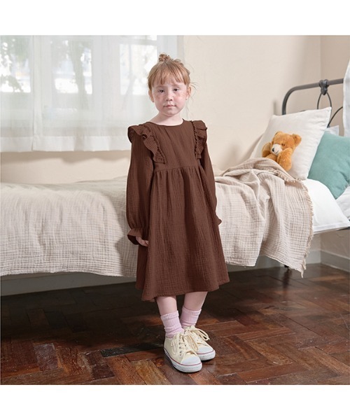 Lycee mine(リセマイン)の「選べる2パターンボリューム袖フリルワンピース(シャツワンピース・キッズ・ダークブラウン/ベージュ/ラベンダー/ライトグレー/アイボリー・100cm/110cm/150cm/130cm/120cm/140cm)」の1枚目の写真