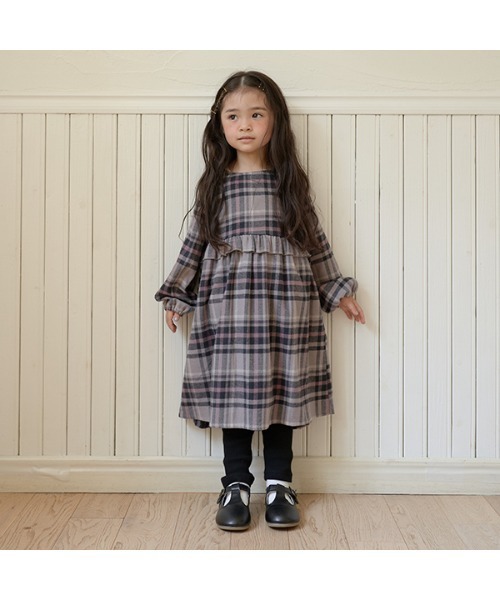 Lycee mine(リセマイン)の「選べる2パターンボリューム袖フリルワンピース(シャツワンピース・キッズ・ダークブラウン/ベージュ/ラベンダー/ライトグレー/アイボリー・100cm/110cm/150cm/130cm/120cm/140cm)」の2枚目の写真
