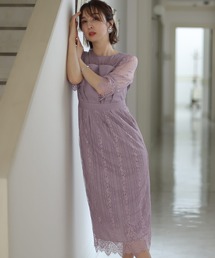 PourVous（プールヴー）の「七分袖&ミモレ丈 パーティー ドレス ストライプ お呼ばれ 結婚式 フォーマル オケージョンドレス ビスチェ 二次会 成人式 同窓会 謝恩会 20代 30代（ドレス）」