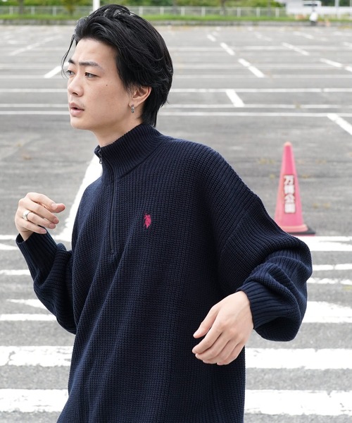 U.S. POLO ASSN.（ユーエスポロアッスン）の「U.S. POLO ASSN. / ユーエスポロアッスン 別注 コラボ ビッグシルエット 畔編み ハーフジップ ニット セーター（ニット/セーター・メンズ・ネイビー/グリーン/ホワイト/グレー系その他/ブラック/ミックスグレー・MEDIUM/LARGE）」の6枚目の写真