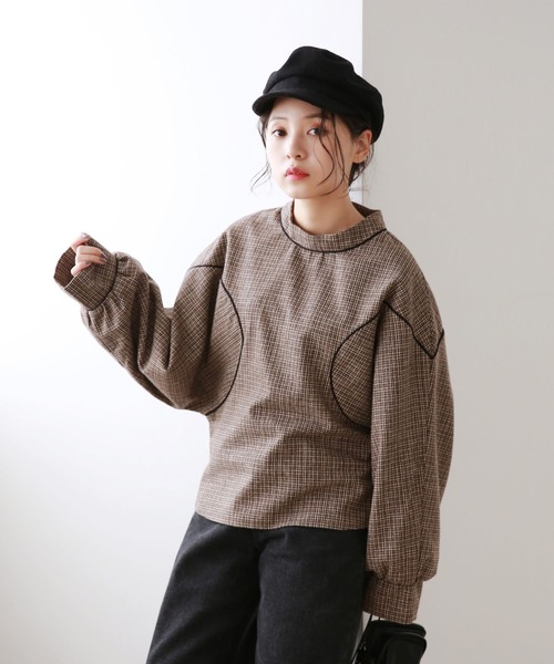 Isn't She?（イズントシー）の「チェックパイピングブラウス（Tシャツ/カットソー・レディース・ベージュ/ブラウン・FREE）」の8枚目の写真