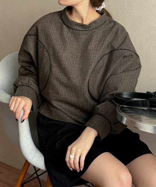 Isn't She?（イズントシー）の「チェックパイピングブラウス（Tシャツ/カットソー・レディース・ベージュ/ブラウン・FREE）」の5枚目の写真